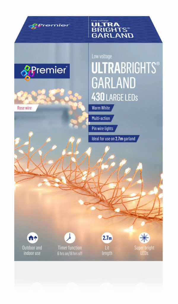 Premier Ultrabright Garland – 430 Large Leds – Rose Wire – Warm White