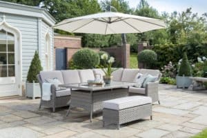 0195515 6009C Charlbury Casual dining corner set with PF30 184C 3m Free arm parasol lifestyle 1