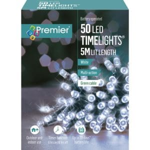 Premier Multi Action Battery Operated LED Lights – White – 50 Lights