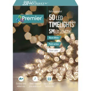 Premier Multi Action Battery Operated LED Lights – Warm White – 50 Lights – CLEAR CABLE