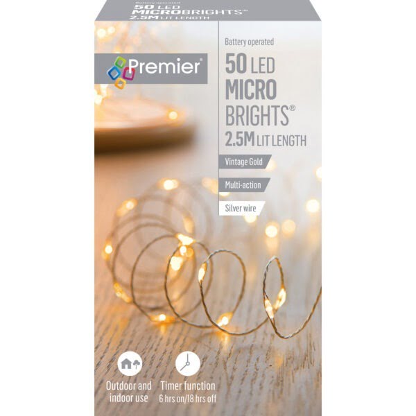 Premier Battery Operated Multi Action Pin Wire Microbrights With Timer – Vintage Gold – 50 Leds