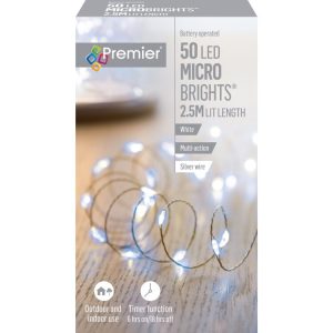 Premier Battery Operated Multi Action Pin Wire Microbrights with Timer – White – 50 LEDs