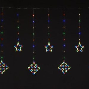 Snowtime Star & Snowflake Curtain – w/8 Mulit Colour Drops – 175x105cm