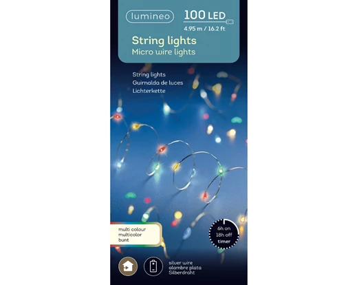 Kaemingk Micro 100 LED String Lights – Steady Effect – Indoor – BO – Silver / Multi Coloured