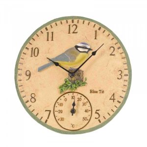 Outside In Blue Tit Wall Clock & Thermometer 12in