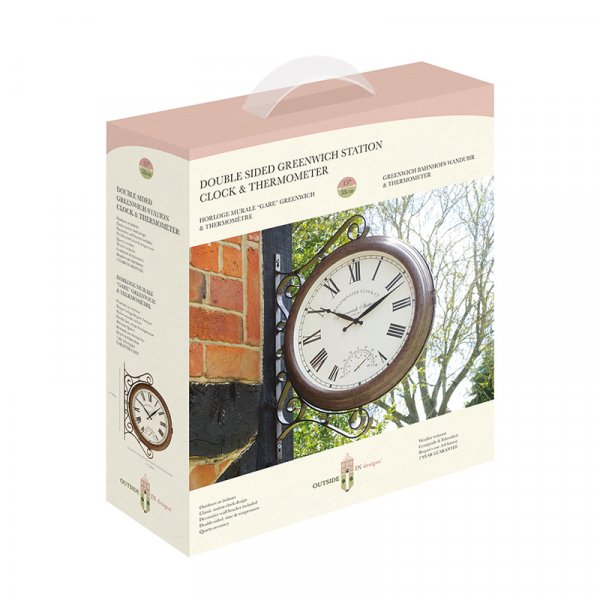Outside In Greenwich Station Wall Clock & Thermometer 15in