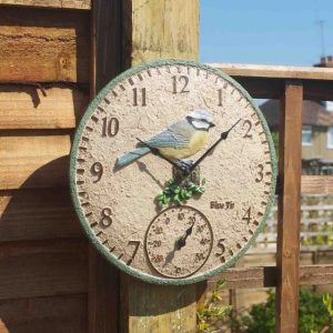 Outside In Blue Tit Wall Clock & Thermometer 12in