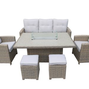 Estuary Collection – Royden Lounge Dining Set with Fire Pit Table